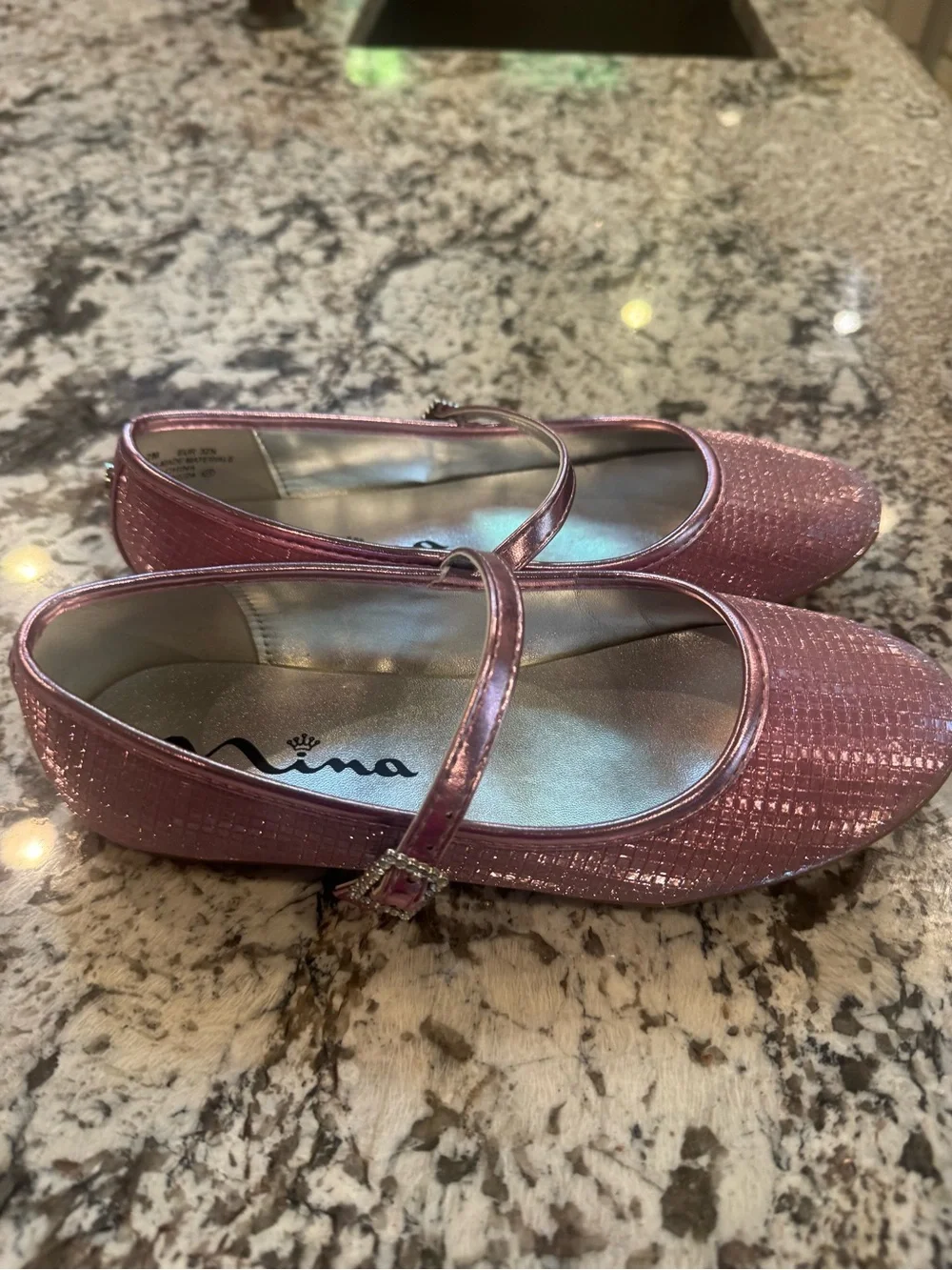 Nina Girls Metallic Pink Mary Jane Flats Dress Shoes Size 2M Rhinestone Buckle